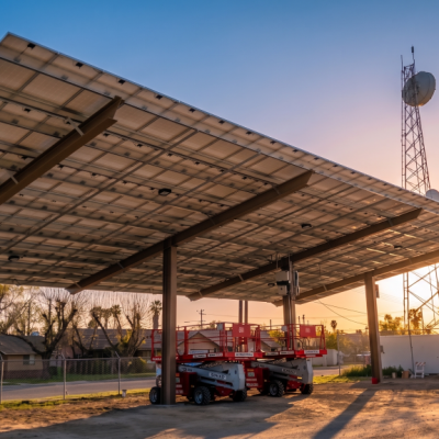 A large solar panel canopy, part of ongoing municipal solar projects, is installed over a dirt lot at sunset. Two scissor lifts are parked underneath, with trees, houses, a utility tower, and a fence in the background.