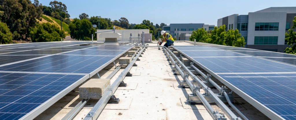 A worker in a safety vest and helmet inspects or installs solar panels on a rooftop at Saint James Academy, a private school in Solana Beach, with trees and modern buildings visible in the background on a sunny day.