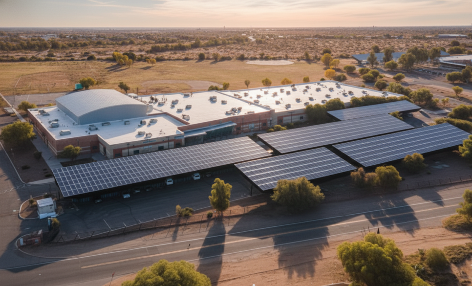 Aerial view of a large building with a white roof, surrounded by solar panel structures in the parking area—ideal for commercial solar PPA and EV charging for businesses—in a semi-arid landscape with scattered trees and a clear sky at sunset.