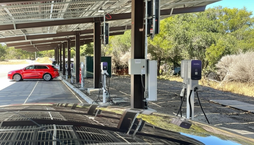 A row of commercial EV charging stations under a solar panel canopy, with a red car parked at one charger and trees in the background, highlights innovative EV charging for businesses.