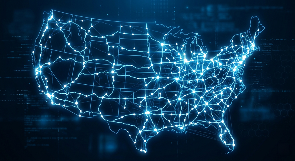 A glowing digital map of the United States displays interconnected lines and nodes, representing EV chargers and data connections across the country, set against a dark blue background.