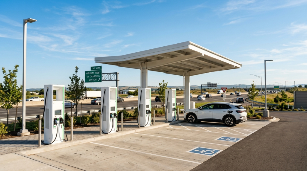 A white electric car is parked and charging at a modern outdoor station with four EV chargers near a highway, under a clear blue sky. Accessible parking spaces are visible in the foreground, reflecting the National Electric Vehicle Initiative’s adoption efforts.
