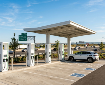 A white electric car is parked and charging at a modern outdoor station with four EV chargers near a highway, under a clear blue sky. Accessible parking spaces are visible in the foreground, reflecting the National Electric Vehicle Initiative’s adoption efforts.