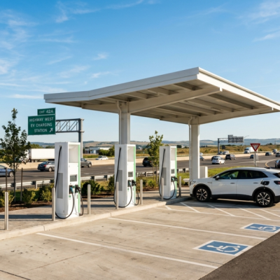A white electric car is parked and charging at a modern outdoor station with four EV chargers near a highway, under a clear blue sky. Accessible parking spaces are visible in the foreground, reflecting the National Electric Vehicle Initiative’s adoption efforts.