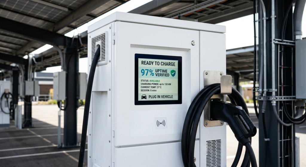 A close-up of an EV charger station screen displaying Ready to charge with 97% uptime verified. Charging cables are attached, and solar panels cover the parking area in the background, supporting adoption under the National Electric Vehicle Initiative.