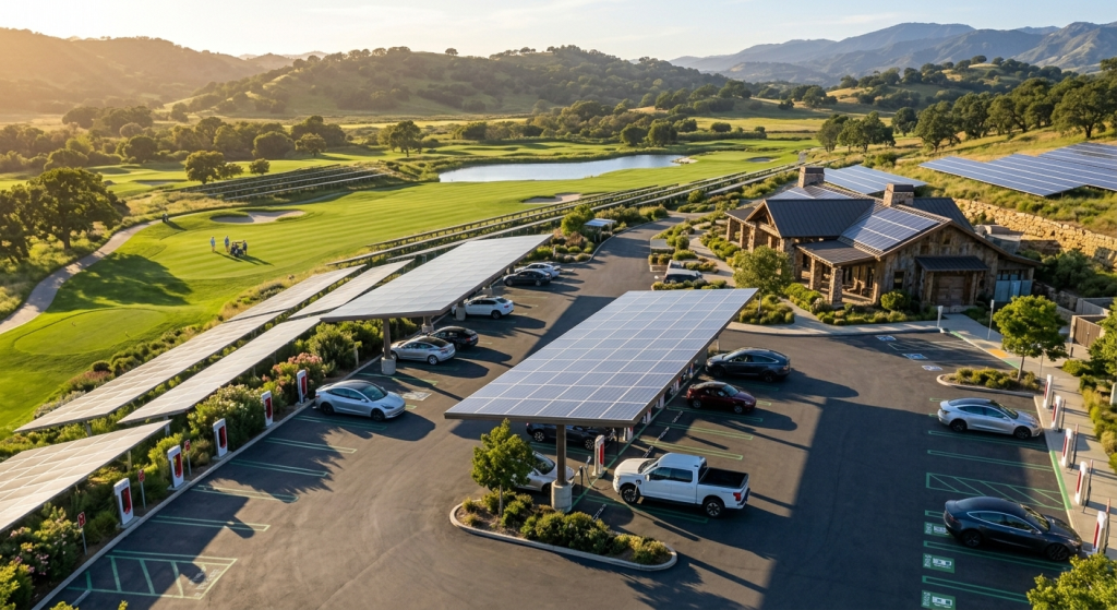 A parking lot with solar panel canopies, electric vehicle charging stations, and several parked cars showcases solar for golf course facilities next to a clubhouse, all framed by green hills and mountains under a clear sky.