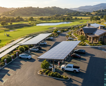 A parking lot with solar panel canopies, electric vehicle charging stations, and several parked cars showcases solar for golf course facilities next to a clubhouse, all framed by green hills and mountains under a clear sky.