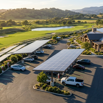 A parking lot with solar panel canopies, electric vehicle charging stations, and several parked cars showcases solar for golf course facilities next to a clubhouse, all framed by green hills and mountains under a clear sky.