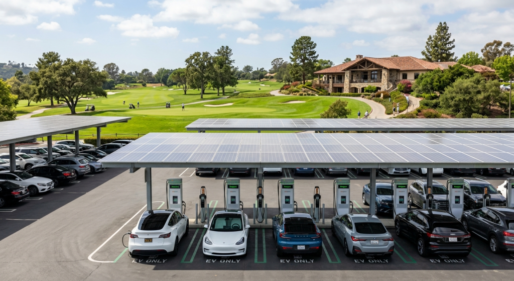 Rows of electric vehicles are charging at solar-powered stations in a parking lot beside a golf course, showcasing how solar for golf course facilities can support green fairways, trees, and a large clubhouse under a partly cloudy sky.