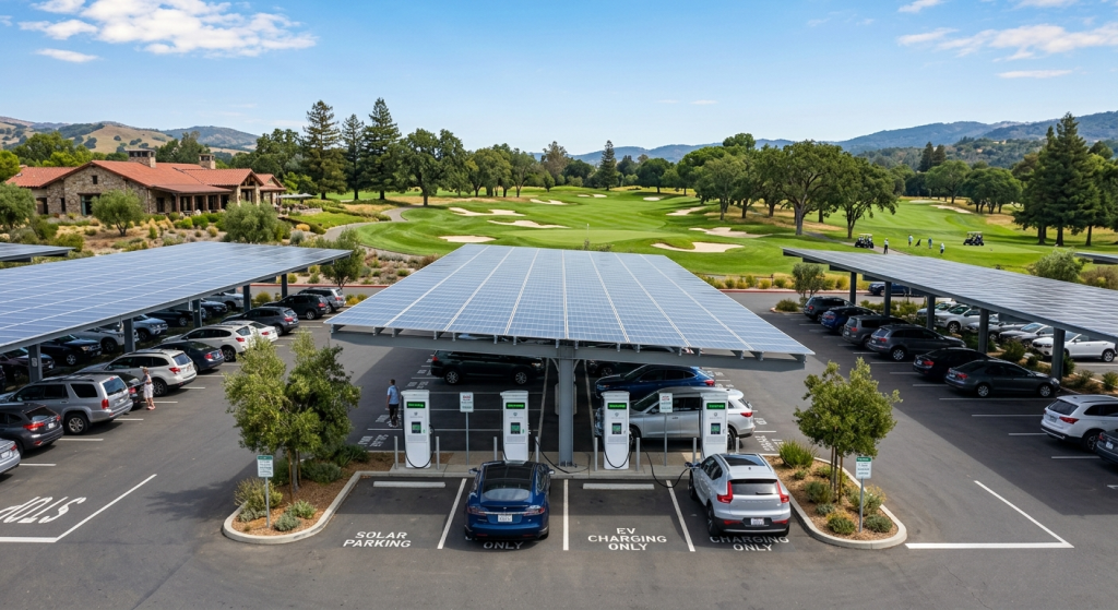 Rows of parked cars under large solar panel canopies featuring electric vehicle charging stations highlight how solar for golf course settings can provide clean energy beside green fairways, tall trees, and a blue sky dotted with clouds.