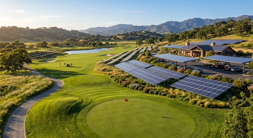A scenic golf course with rolling green hills, a pond, distant mountains, and a building featuring large solar panels in the foreground—showcasing the benefits of solar for golf courses under a clear blue sky.