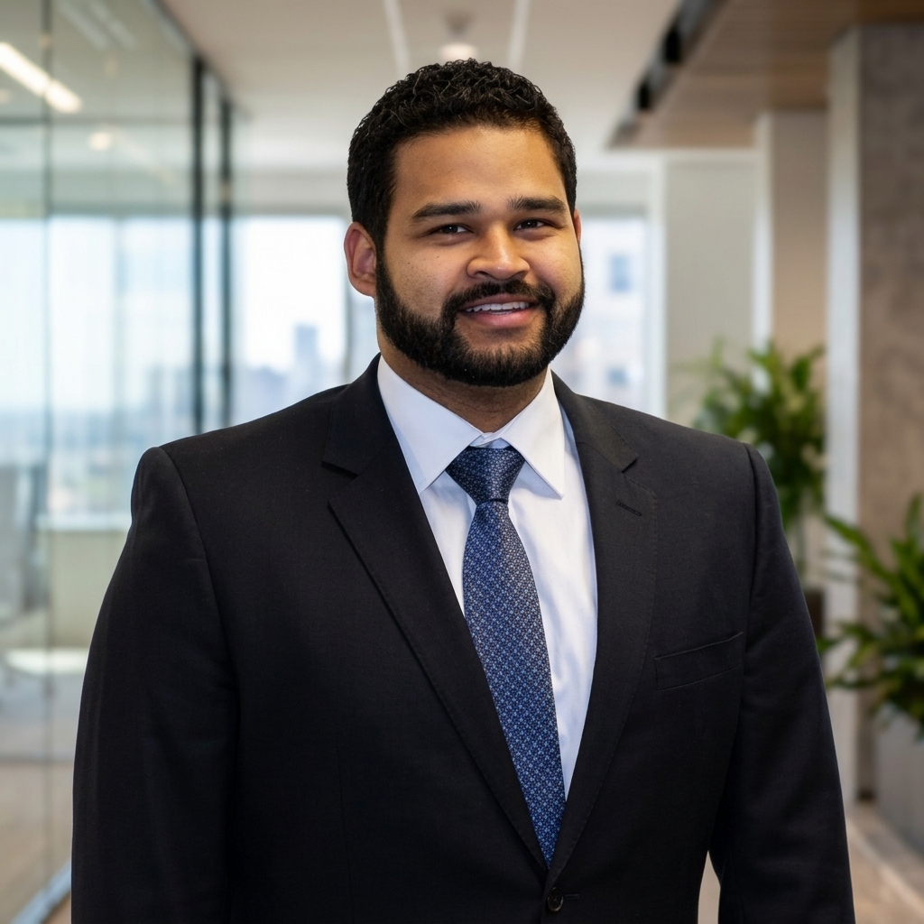 A man with dark hair and beard, wearing a navy suit, light blue shirt, and patterned tie, smiles while standing in a modern office with glass walls and plants in the background.