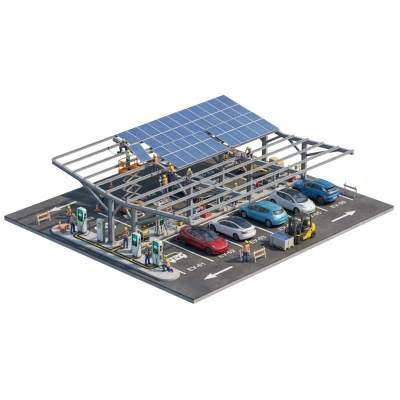 A 3D illustration of a solar-powered electric vehicle charging station under construction, with cars parked, EPC workers installing solar panels on the roof, charging units in place, and construction barriers around the site.