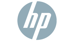 The image shows the HP logo, featuring lowercase letters hp in white font within a muted blue-gray circle on a light gray background.