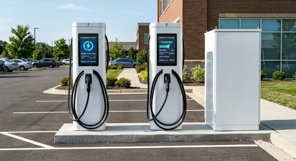 Two Solar Powered EV Charging stations are installed in a parking lot near a modern brick building, with parked cars and trees visible in the background on a sunny day.