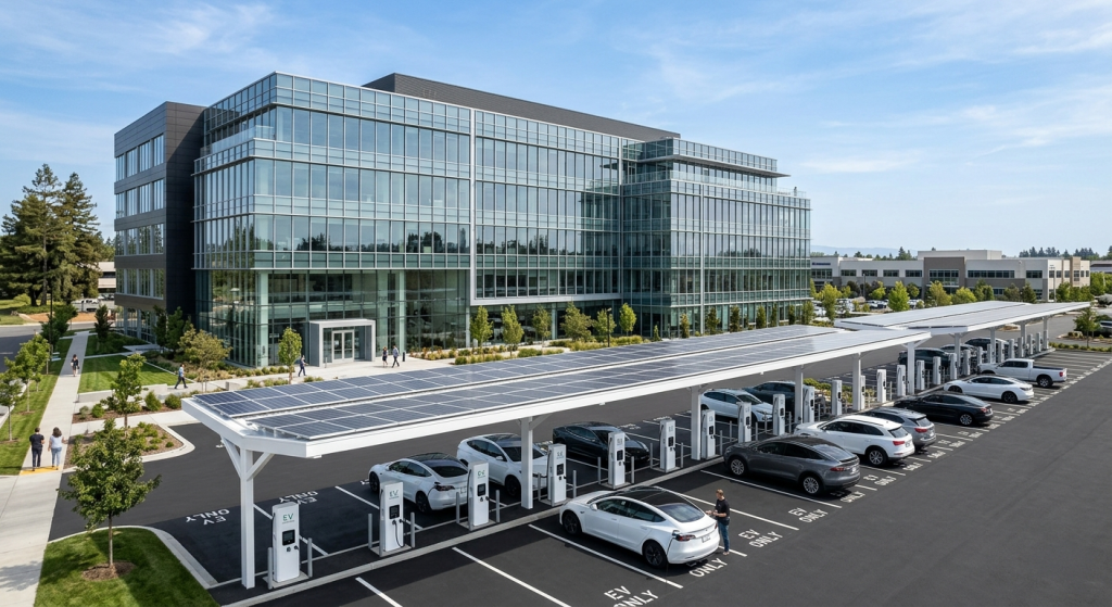 A modern glass office building with a parking lot featuring solar powered EV charging stations and solar panel-covered canopies. Several white cars are parked and charging, with trees and people nearby under a clear sky.