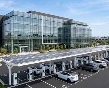 A modern glass office building with a parking lot featuring solar powered EV charging stations and solar panel-covered canopies. Several white cars are parked and charging, with trees and people nearby under a clear sky.