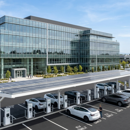 A modern glass office building with a parking lot featuring solar powered EV charging stations and solar panel-covered canopies. Several white cars are parked and charging, with trees and people nearby under a clear sky.