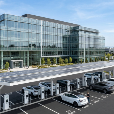 A modern glass office building with a parking lot featuring solar powered EV charging stations and solar panel-covered canopies. Several white cars are parked and charging, with trees and people nearby under a clear sky.
