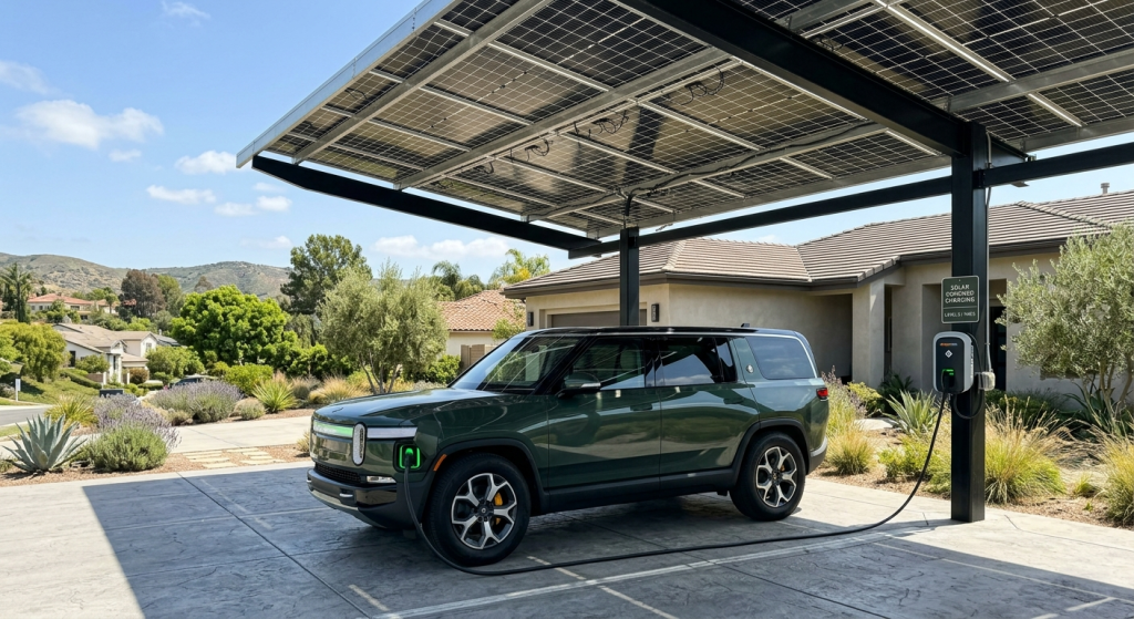 A green electric SUV is parked under a solar panel carport in a suburban driveway, using Solar Powered EV Charging. Modern houses and landscaped greenery are visible in the background on a sunny day.