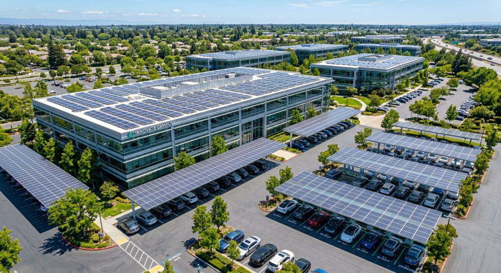 Aerial view of modern office buildings and parking lots covered with solar panels, some featuring EV Charging as a service, surrounded by trees and greenery under a clear blue sky.
