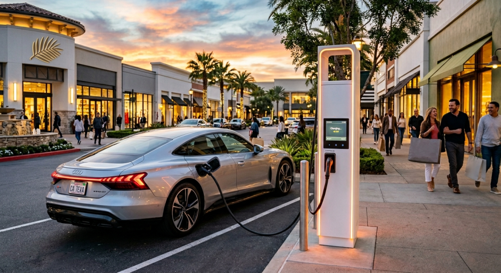 A silver electric car is charging at a public station on a stylish shopping street at sunset, showcasing the convenience of EV Charging as a service while people stroll by chic shops in the background.