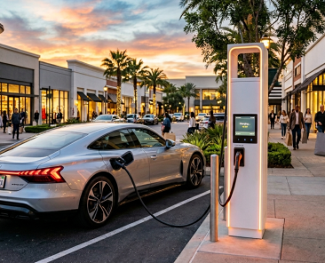 A silver electric car is charging at a public station on a stylish shopping street at sunset, showcasing the convenience of EV Charging as a service while people stroll by chic shops in the background.
