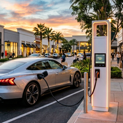 A silver electric car is charging at a public station on a stylish shopping street at sunset, showcasing the convenience of EV Charging as a service while people stroll by chic shops in the background.