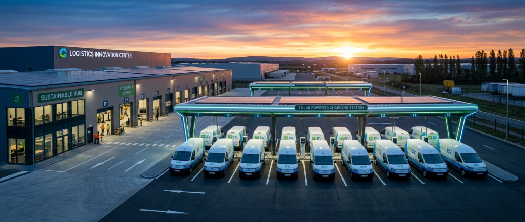 A row of electric delivery vans utilizes EV Charging as a service at a solar-powered station outside a modern logistics innovation center at sunset, with industrial buildings and trees in the background.