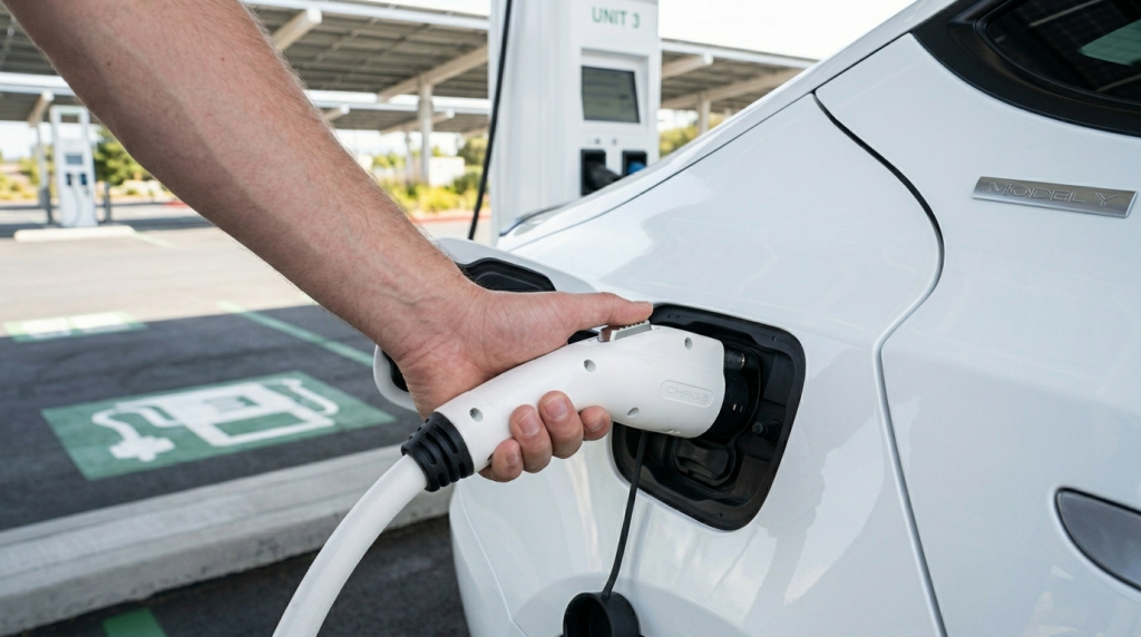 A person plugs a charging cable into a white electric car at an outdoor charging station, featuring EV charging solar carports and green parking markings with solar panels visible in the background.