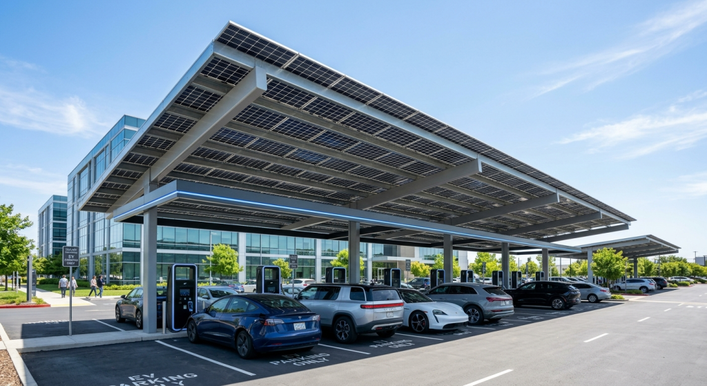 A row of electric vehicles parked under EV charging solar carports in a modern parking lot, with charging stations and glass office buildings in the background on a sunny day.