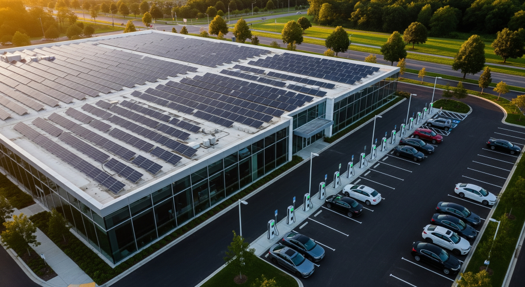 A modern office building with a large array of solar panels on its roof, surrounded by a parking lot filled with cars and commercial EV charging stations, set among green trees and a road in the background.