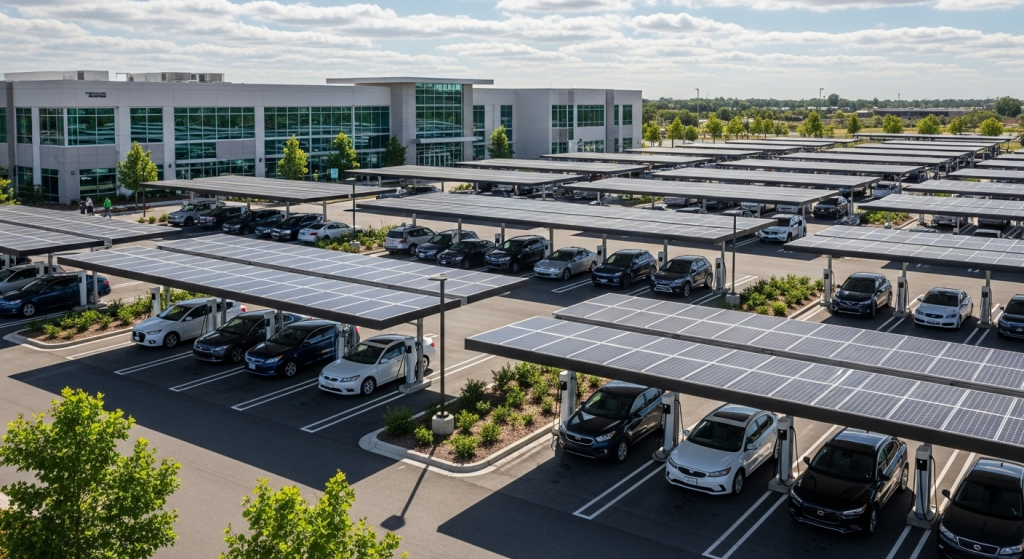 A parking lot with rows of cars parked under solar panel canopies, equipped with commercial EV charging stations, sits next to a modern office building. The sky is partly cloudy, and the area features greenery and trees.