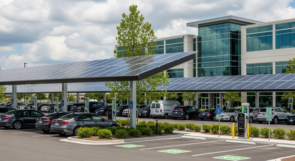 A parking lot with solar panel canopies, commercial EV charging stations, and several parked cars sits in front of a modern glass office building on a partly cloudy day.