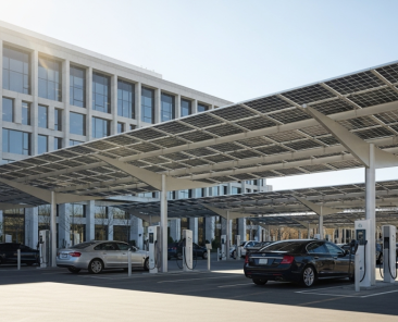 Commercial solar installation on a modern office building with blue sky, representing renewable energy adoption by businesses