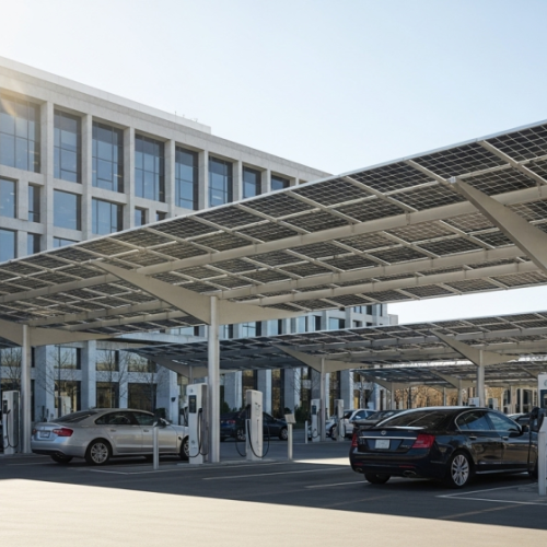 Commercial solar installation on a modern office building with blue sky, representing renewable energy adoption by businesses