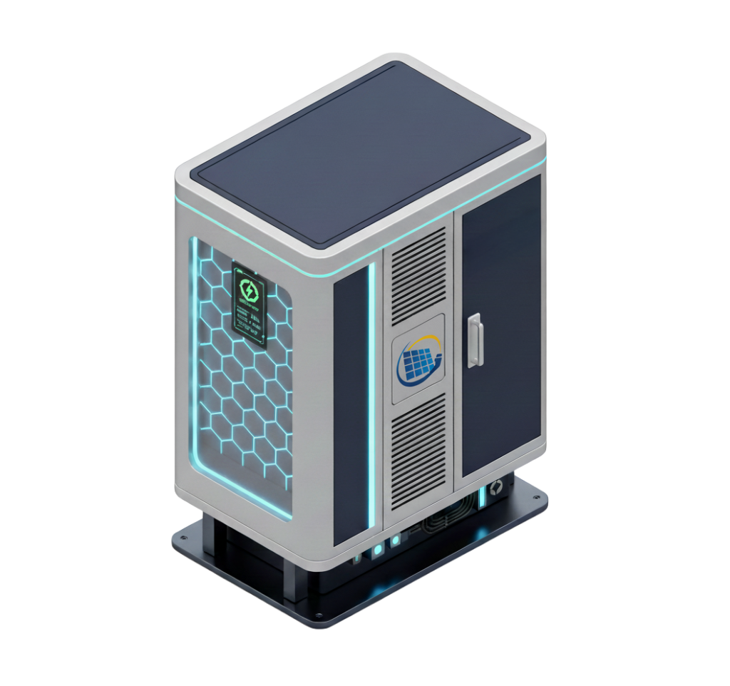 A futuristic, rectangular server or data storage unit with glowing blue accents, a hexagonal pattern on one side, and a digital display and logo on the front stands on a black base—ideal for commercial EV charging infrastructure.