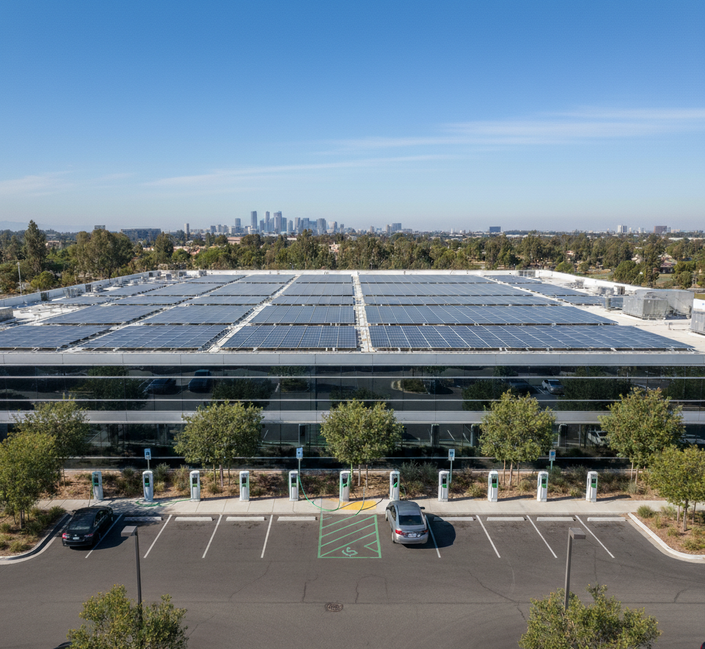 A large building with a rooftop covered in solar panels, surrounded by trees and a parking lot featuring commercial EV charging stations. The city skyline is visible in the background under a clear blue sky.