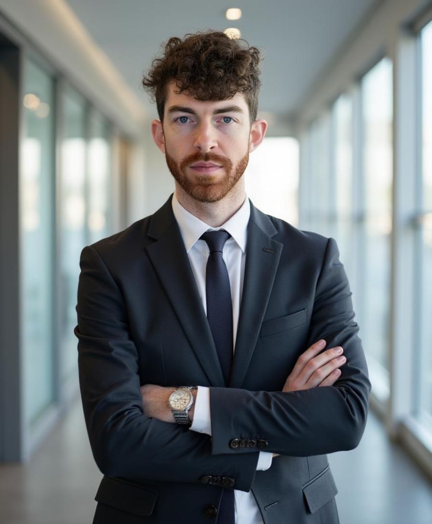 Aidan Keith-Hynes, a young man with curly brown hair and a beard, stands confidently with arms crossed, wearing a dark suit, tie, and watch in a bright hallway with large windows.
