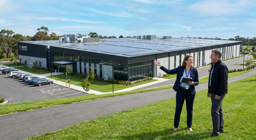 Two people stand on a grassy hill, talking and gesturing toward the modern SCF Suite building with solar panels on the roof and a parking lot, under a clear blue sky. The building sign reads NEXUS INNOVATION.