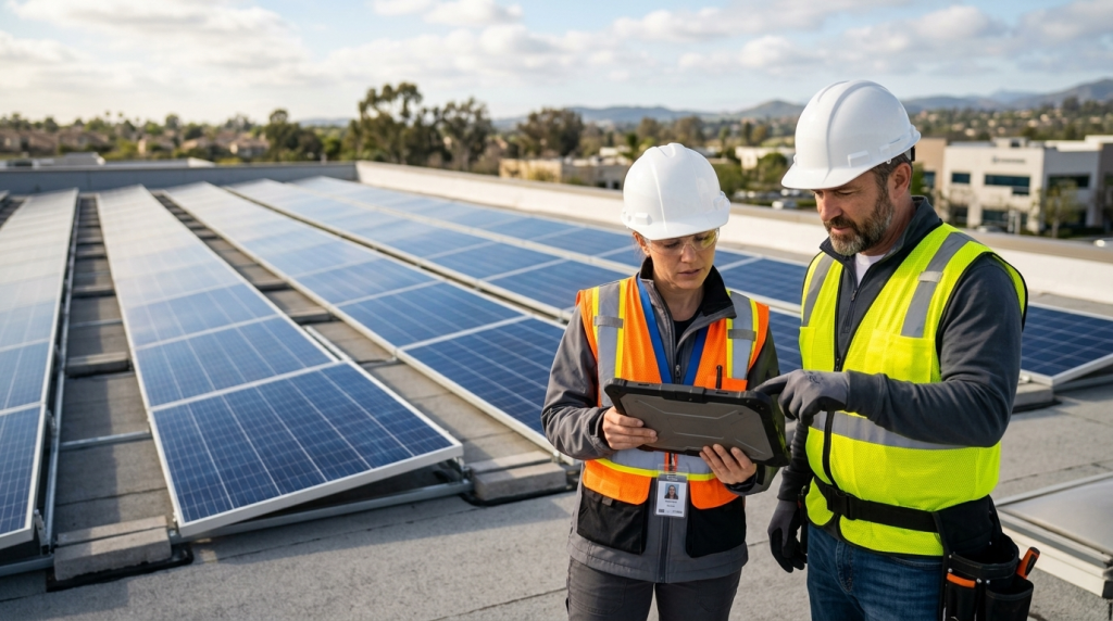 Two professional engineers reviewing blueprints on a digital tablet atop a commercial rooftop with solar panels in the background.