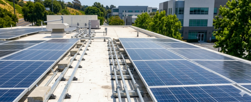 Rooftop solar panels on a commercial building with cables running between them; modern office buildings and green trees are visible in the background—ideal for Solar Financing for Schools and Universities seeking sustainability under a clear sky.