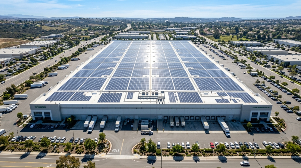 Aerial view of a extensive commercial solar panel installation on a large warehouse roof under a bright sun.