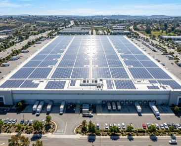 Aerial view of a extensive commercial solar panel installation on a large warehouse roof under a bright sun.