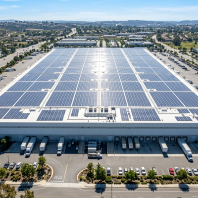 A large industrial building with an expansive roof covered in solar panels, supported by commercial solar PPA. Trucks are parked at loading docks, cars fill the parking lot, and surrounding structures include other warehouses in a suburban landscape.