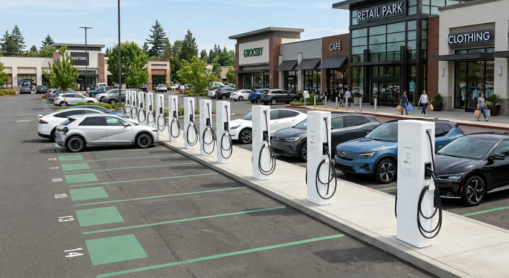 Corporate office park featuring a modern solar carport canopy over the parking lot with several electric vehicles.