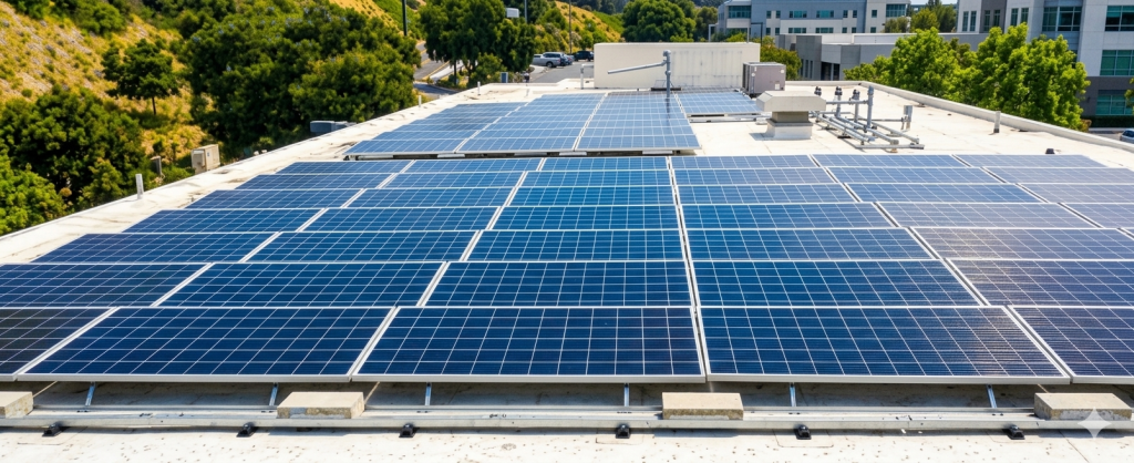 Rows of solar panels are installed on a flat rooftop of a building, supported by Solar Financing for Schools and Universities, with trees and additional buildings visible in the background on a sunny day.
