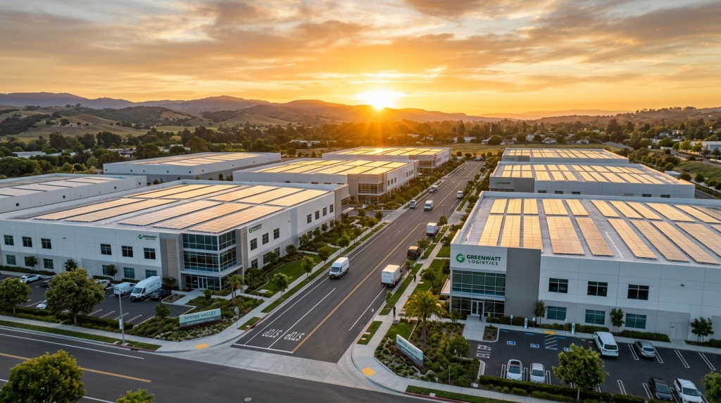 A wide-angle sunrise view illuminating a clean industrial park with multiple buildings featuring rooftop commercial solar panels.