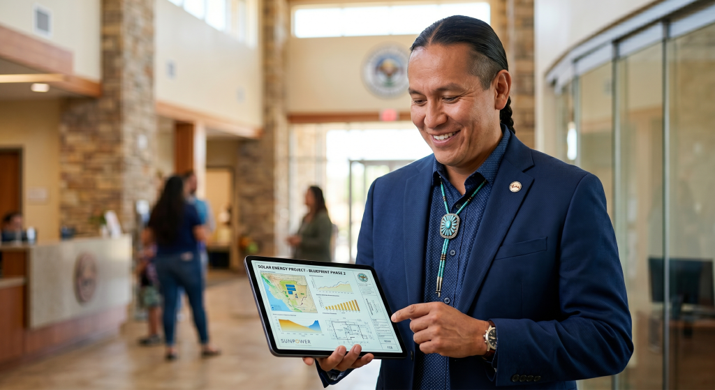 A man in a suit and bolo tie smiles while holding and pointing to a tablet displaying graphs about Solar for Native American Tribes, standing in a modern office lobby with people in the background.