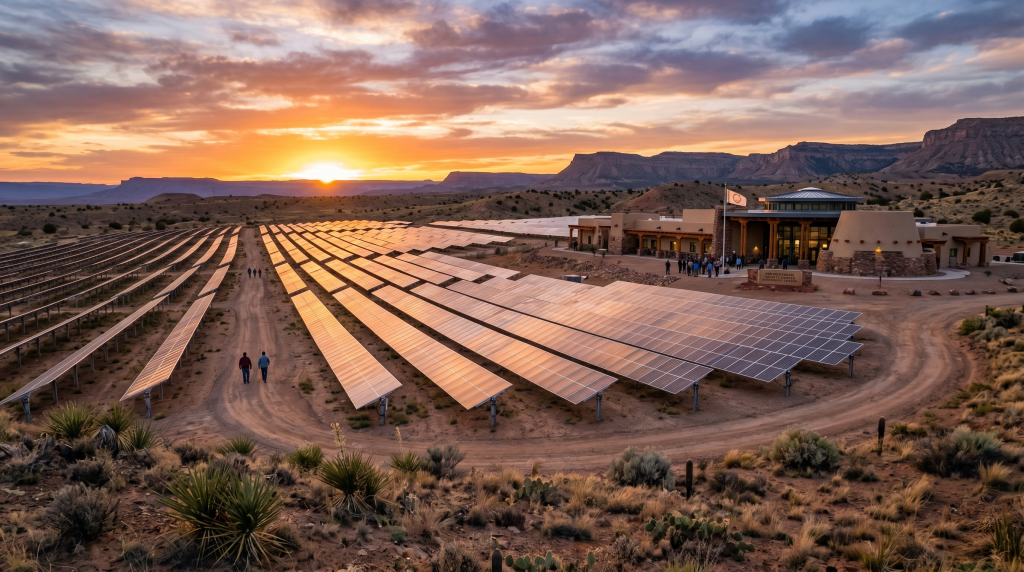 Rows of solar panels stretch across a desert landscape at sunset on a Native American reservation, with a modern building nearby and a few people walking along paths. Distant mesas and dramatic clouds create a scenic backdrop.